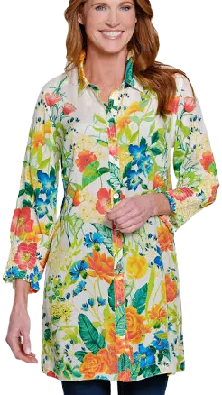 John Mark Women's Floral Point Collar 34 Sleeve Button Front Tunic