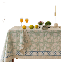 Sage Green Floral Tablecloth, Block Printed Tablecloth, Cotton Table Cover Linen Mats Napkins Set, Rectangle Tablecloth, Boho Table Cover