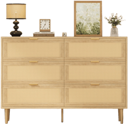 Rattan 6 Drawer Dresser, Farmhouse Wooden Chest of Drawers with 5 Metal Legs