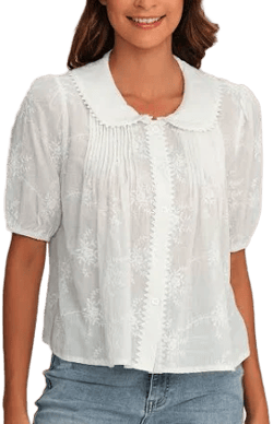 Floral Embroidery Cotton Blouse with Puff Sleeves
