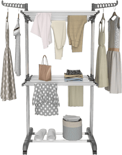 Bigzzia 3 Tier Clothes Drying Rack, 57 Inch Laundry Drying Rack, Foldable Stainless Steel Kids Clothing Rack, Movable Laundry Rack for Indoor Outdoor - Grey