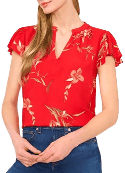 CeCe Women's Floral Print Flutter-Sleeve V-Neck Top