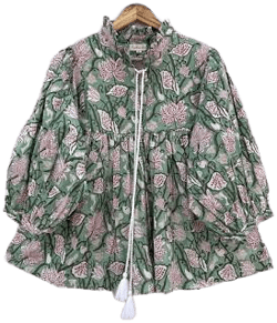green red flower printed cotton summer blouse tops / v neckline with tassel boho tops / 3/4th sleeve with buttons printed blouse