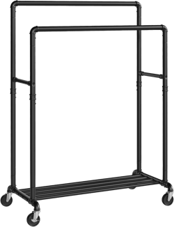 SONGMICS Heavy-Duty Clothes Rack, Double-Rod Clothing Rack for Hanging Clothes, Industrial Garment Rack on Wheels, Metal Frame, 2 Casters with Brakes, Commercial Display, Black UHSR60B Double Rod