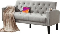 TYBOATLE 62" W Loveseat Sofa w/ 2 USB Charger Ports and 2 Cupholders, Mid-Century Modern Tufted Linen Fabric Small Love Seat Couches for Compact Living Room, Bedroom, Apartment, Dorm (1, Light Grey)