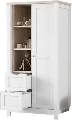 TIRAMISUBEST Modern Storage Wardrobe with Hanging Rods and 2 Drawers, Wooden Closet Bedroom Armoire with Sliding Door & Open Shelves