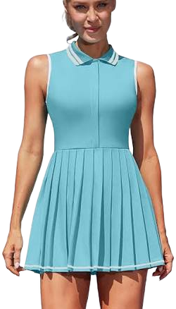 Women's Ribbed Half Zip Pleated Tennis Polo Dress with Shorts and Bra