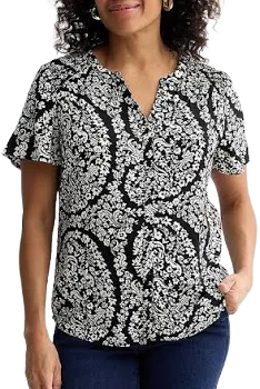 Women's Croft & Barrow Short Sleeve Femme Blouse, Size: XS, Beige Floral Paisley