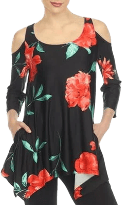 White Mark Women's Floral Printed Cold Shoulder Tunic Top