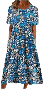 Women's Floral Printed Crewneck Short Sleeve Pleated Midi Dress