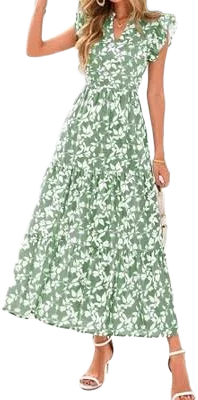Women's Cap Sleeve V Neck Ruffle Flowy Midi Dress