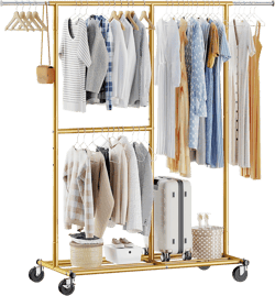 Raybee Heavy Duty Clothes Rack Load 298LBS, Metal Garment Rack, Clothing Racks for Hanging Clothes with Wheels, Rolling Commercial Portable Rack, Gold Gold Double Rod