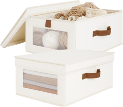 Fabric Storage Bins with Lids, Collapsible Closet Organizer with Sturdy Handles, Clear View Window, Stackable Storage Baskets for Clothes, Towels, Books, Hand Pull Closet Organizer Boxes-2-Pack, Beige
