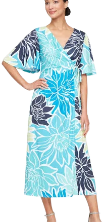 S. L. Fashions Women's Floral Printed Faux-Wrap Midi Dress