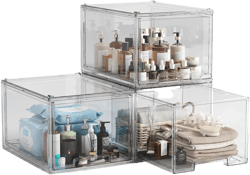 3 Pack Large Stackable Storage Drawers, Clear Plastic Drawer Organizer, Under Sink Cabinet Drawers, Pantry Organizers and Storage Drawer for Makeup, Bathroom, Kitchen, Office