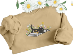 Vintage Floral Book Cat Embroidered Sweatshirt