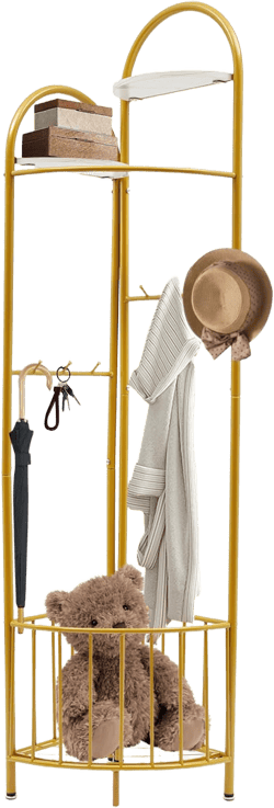 Corner Coat Rack, Metal Corner Hall Tree Clothes Rack Multifunctional Furniture w/Storage Basket & Partition Hook, Freestanding Clothing Rack Organizer for Bedroom, Living Room, Entryway (Gold)