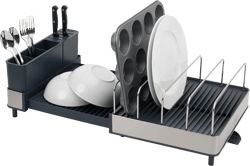 Joseph Joseph Extend Max Steel Expanding Dish Drying Rack, high Capacity for Large Items, Cutlery and Knife Holder, Swivel Draining Spout, Stainless Steel