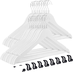 TECHMILLY 20 Pack Solid Wooden Suit Hangers, Heavy Duty Coat Hangers for Closet, Smooth Finish Clothes Hangers with 360° Swivel Hook & Non Slip Pant Bar & Cut Notches for Shirt, White White 20 Pack(with Magic Hooks)