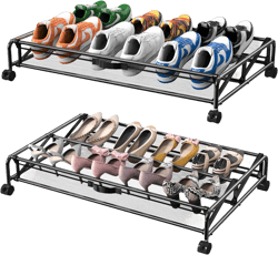 Under Bed Shoes Storage, 2 Pack Rolling Under-bed Storage Containers with Wheels, Under Bed Shoe Organizer Breathable Mesh Fabric with Metal Frame