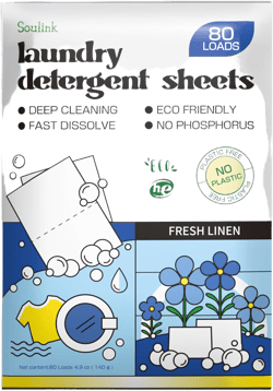 Soulink Laundry Detergent Sheets Up to 80 Loads, Eco Friendly Detergent Strips for Travel & Home - No Plastic Jug Soap sheets, Plant-based, Hypoallergenic. Safe for Sensitive Skin (Fresh Linen) Fresh Linen 80 Count (Pack of 1)