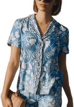 J.McLaughlin Floral Print Silky Collar V-Neck Short Sleeve Coordinating Top Womens