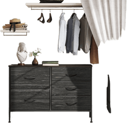Dresser with 5 Drawers, Wide Fabric Storage Chest for Bedroom, Living Room, Closet,  Charcoal Black Wood Grain