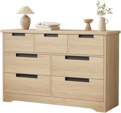 7 Drawer Dresser for Bedroom, Natural Modern Double Dresser Organizer with Embedded Handles Design, Wooden Chest of Drawers for Living Room, Hallway