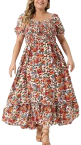 Women's Floral Short Sleeve Shirred Square Neck Maxi Dress