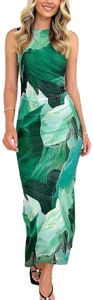 Sleeveless Floral Printed Mesh Bodycon Maxi Dress with Slit