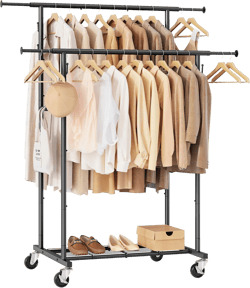 Double Rod Garment Rack with Wheels, Heavy Duty Rolling Clothes Rack For Hanging Clothes, Portable Metal Clothing Rack with Shelves,Black, 64.2inch Chrome