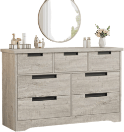 7 Drawer Dresser for Bedroom, Gray Double Dresser Organizer with Embedded Handles Design, Wooden Chest of Drawers for Living Room Nursery Hallway