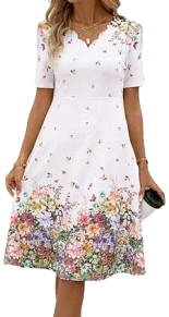 NOBRAND Women's Floral Print V-Neck Short Sleeve Belted Ruffle Midi Length A-