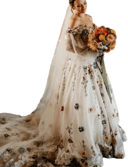 Floral Fairy Spaghetti Strap Ball Gown Wedding Dress with Veil