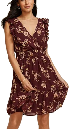 Maurices Women's Bare Floral Ruffle V Neck Skater Dress