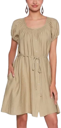 Chic Linen Peasant Dress with Pockets and Tie Waist Belt