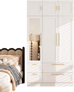 FUFU&GAGA Stylish White Armoire with Golden Handles, Multi-Functional Interior Wardrobe and Mirrored Door Pane
