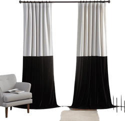 Black and White S-Fold Velvet Curtain Panel - Custom Length and Width