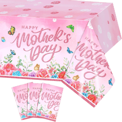 HOWAF 3 Pack Happy Mother's Day Glitter Plastic Tablecloth, Large Rectangle Pink Rose Floral Mother‘s Day Party Table Cover for MOM's Day Outdoor Home Party Disposable Waterproof Plastic Tablecloth