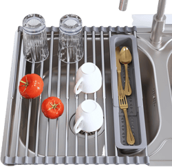Roll Up Dish Drying Rack, Expandable (12.8"-23.8" D x 12.8" W) Stainless Steel Portable Drainer for Kitchen Sink Counter, Foldable Over The Sink Cover with Removable Utensil Holder Gray Roll Up, Small