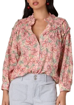 Wit & Wisdom Women's Floral Print Smocked Yoke Button-Up Top
