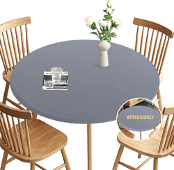 Obstal Fitted Round Table Cloth, Reversible Waterproof Stain Resistant Elastic Stretch Tablecloth, Wipe Clean Table Cover for Outdoor/Indoor Use, Fits Round Tables up to 48" - 56" Diameter, Grey Grey 56" (Round)