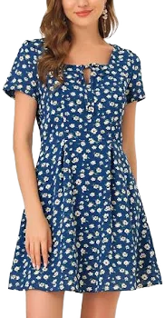 Allegra K Printed Casual Square Neck Short Sleeve A-Line Dress