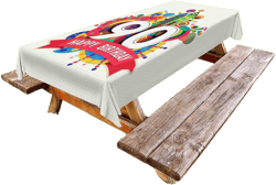 Ambesonne 90th Birthday Outdoor Tablecloth, Funky Pop Style Geometrical Fun Celebration Colorful Greetings Theme, Decorative Washable Picnic Table Cloth, 58" X 120", Red White 120" x 58" (Rectangular) Red White