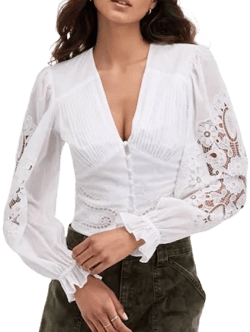 AVEC LES FILLES Women's Cotton Pintuck Lace-Trim Button-Front Blouse