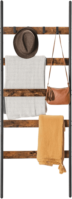 VASAGLE Blanket Ladder, 5-Tier Ladder Shelf, Wall-Leaning Rack, Steel, 25.6 Inch Wide, Scarves, Industrial Style, Rustic Brown and Black ULLS011B01 Rustic Brown + Black