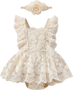 OBEEII Baby Girls 1st Birthday Outfit Boho Floral Embroidery Lace Romper Dress+Headband Infant Cake Smash Photoshoot Outfit Apricot Lace+headband 12-18 Months