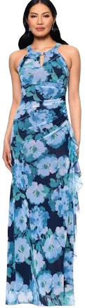 Betsy & Adam Women's Floral Print Mesh Halter-Neck Sleeveless Gown