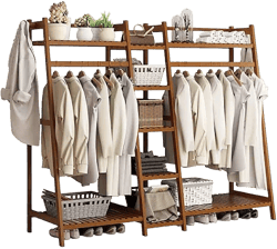 Bamboo Deluxe Freestanding Clothing Shelf with Double Rod & Shelves