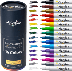 Acrylic Paint Markers Set of 16 Paint Pens – Fine Tip for Fabric, Rock, Metal, Ceramic, Adult Coloring & Art Projects – Art Supplies for Kids & Adults 1 Count (Pack of 16)